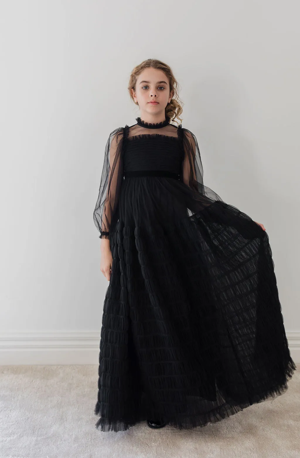 Elegant Black Tulle Dress with Smocked Details