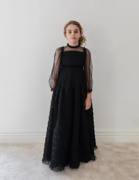 Elegant Black Tulle Dress with Smocked Details