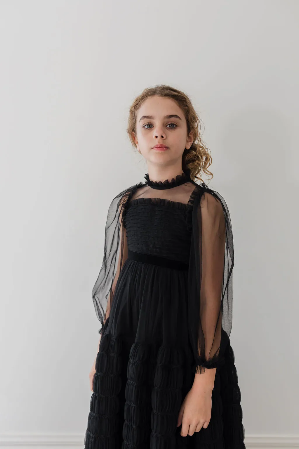 Elegant Black Tulle Dress with Smocked Details