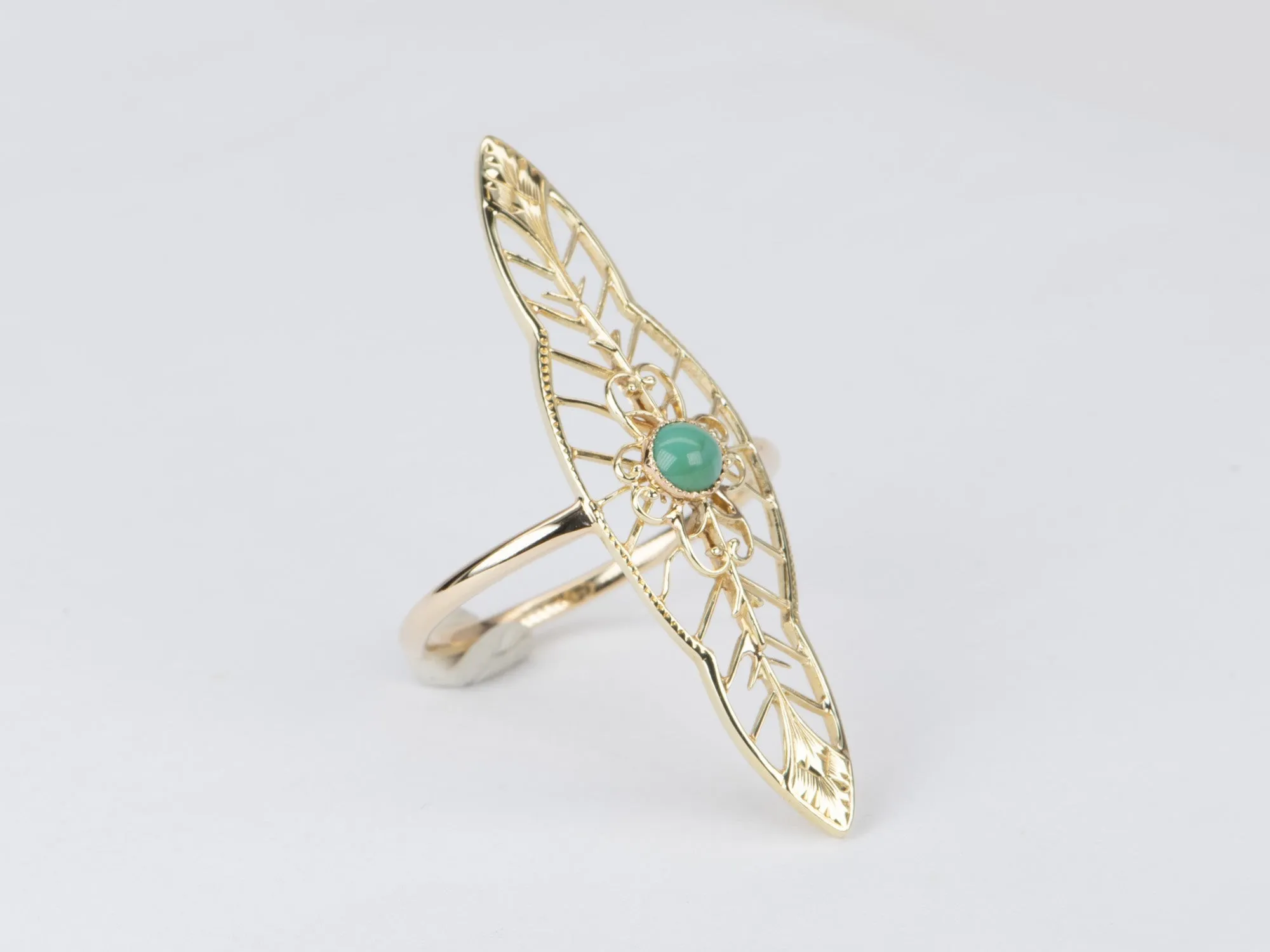 Vintage Turquoise Pin Navette Ring 14K Gold V1096