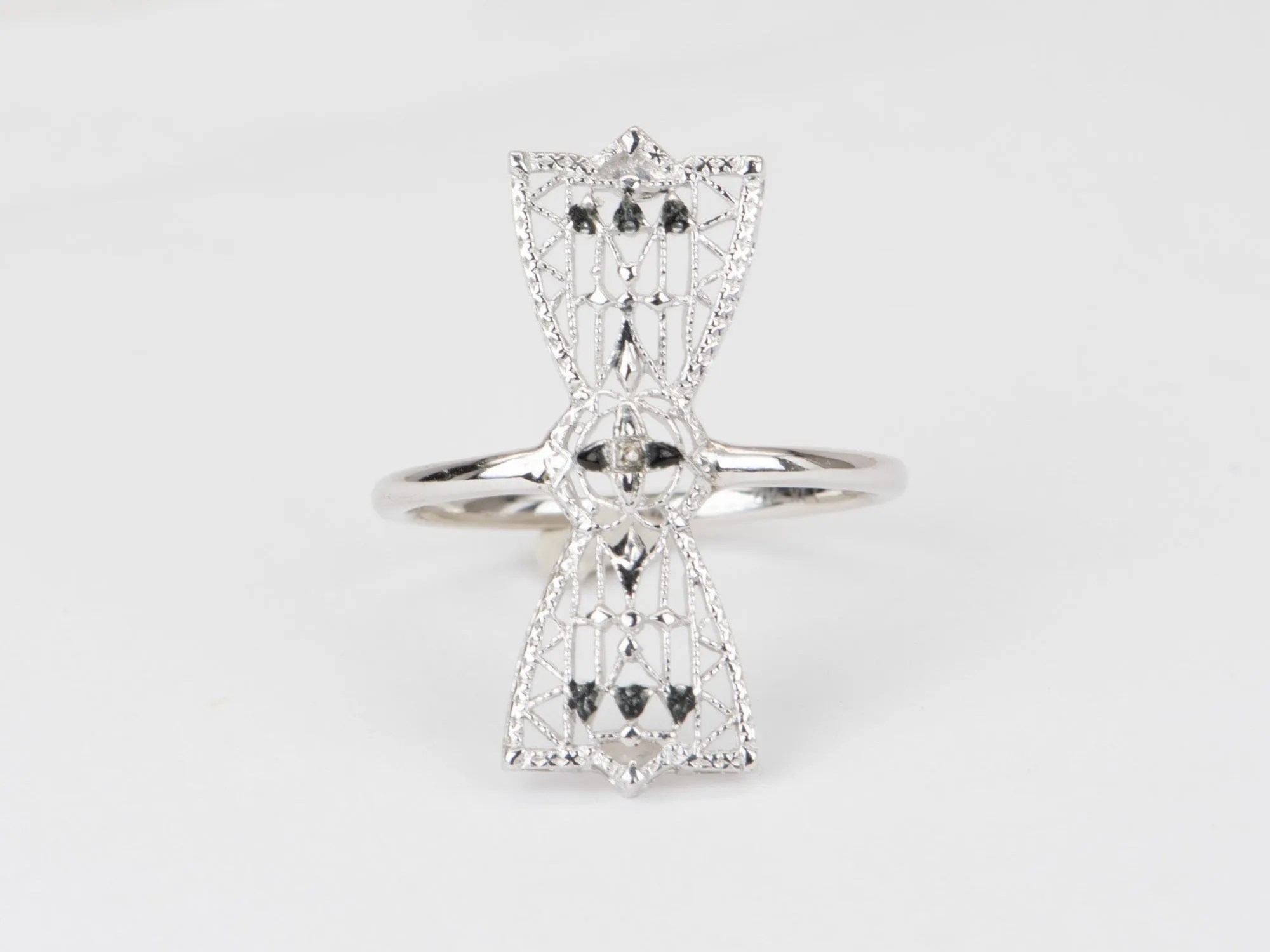 Vintage Filigree Bow Pin Navette Ring 14K White Gold R6546