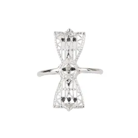 Vintage Filigree Bow Pin Navette Ring 14K White Gold R6546