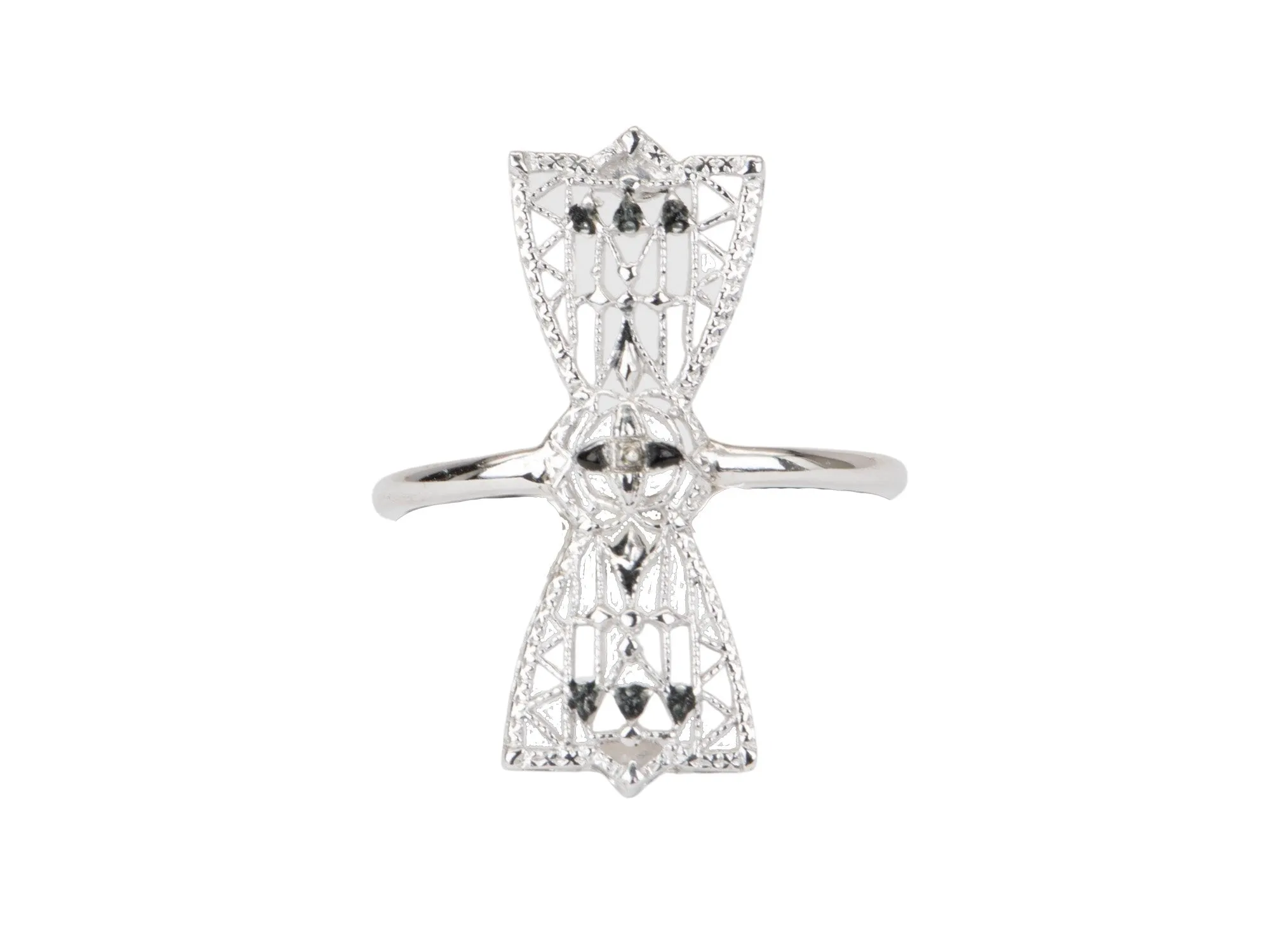 Vintage Filigree Bow Pin Navette Ring 14K White Gold R6546