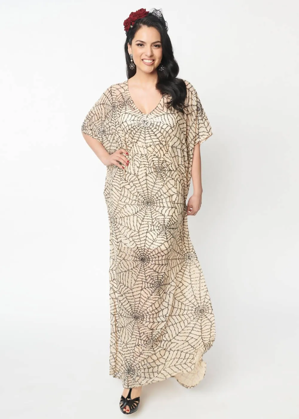 Nude Unique Vintage Burton Spiderweb Kaftan Maxi Dress