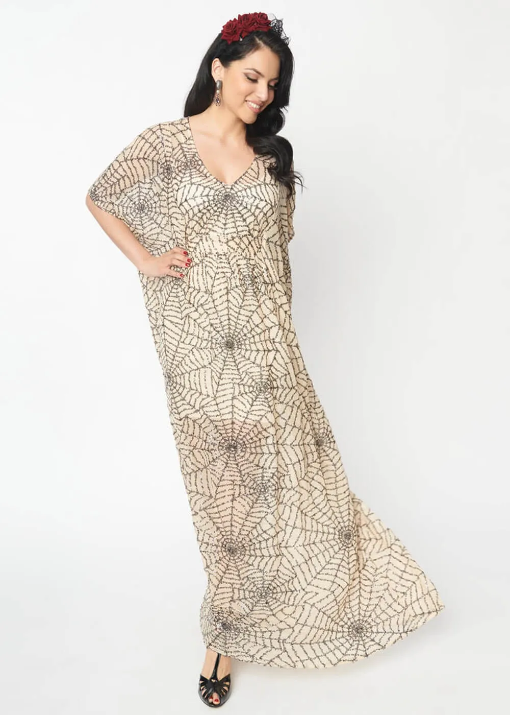 Nude Unique Vintage Burton Spiderweb Kaftan Maxi Dress