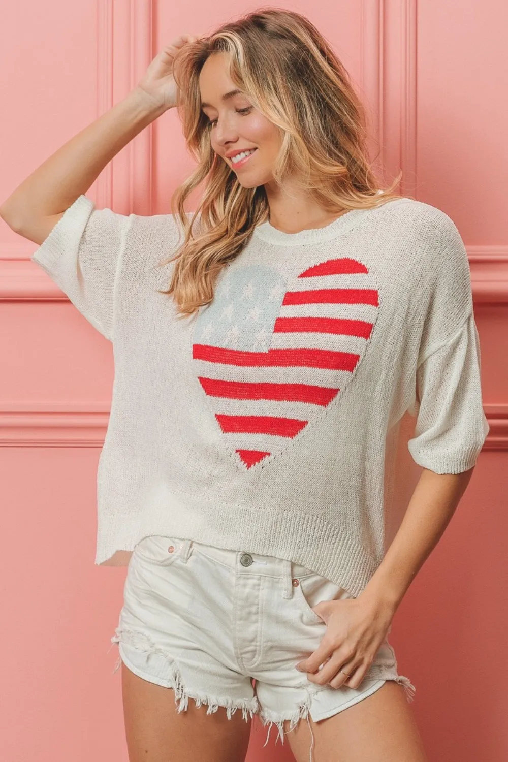 Striped Heart Contrast Knit Top by BiBi