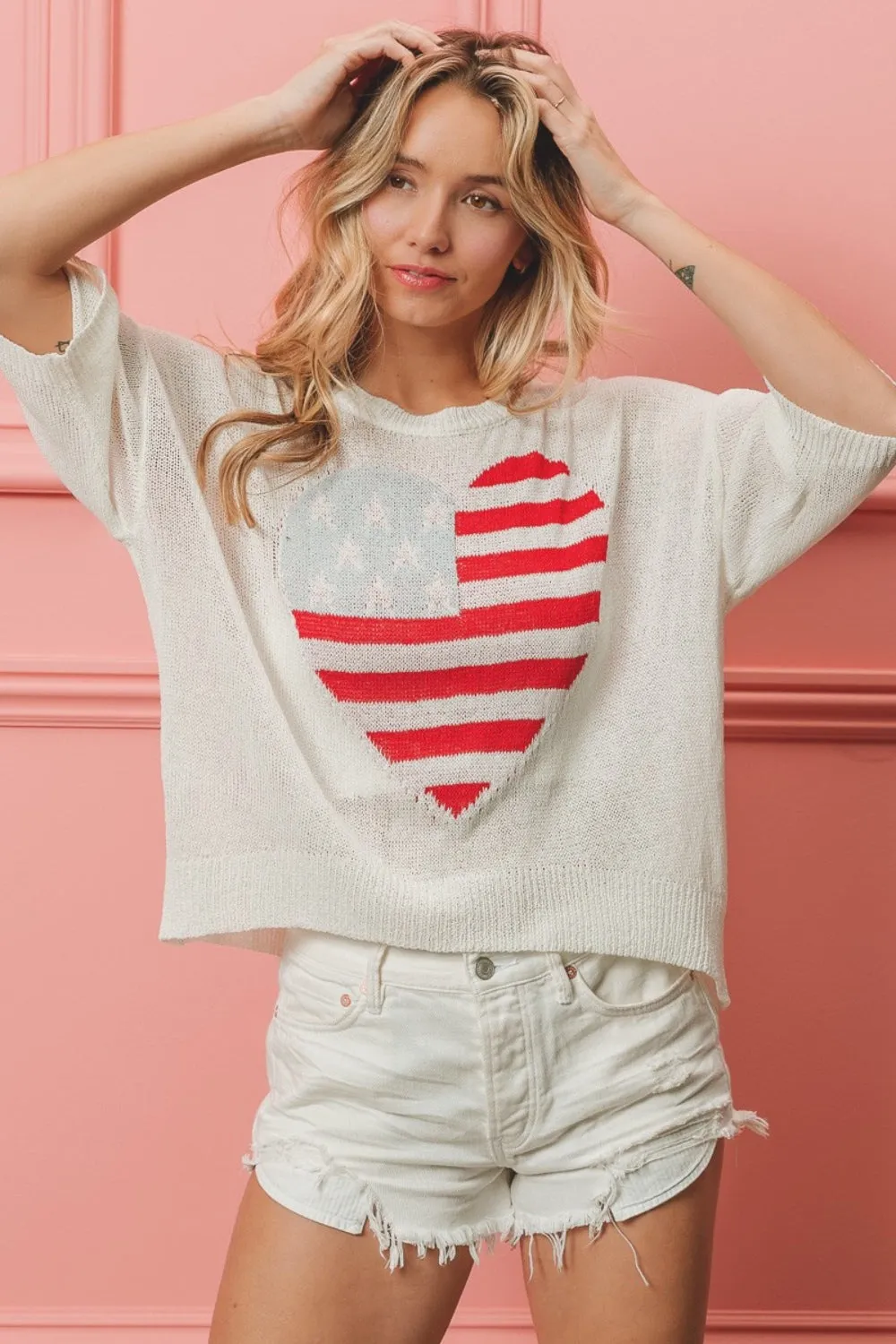 Striped Heart Contrast Knit Top by BiBi