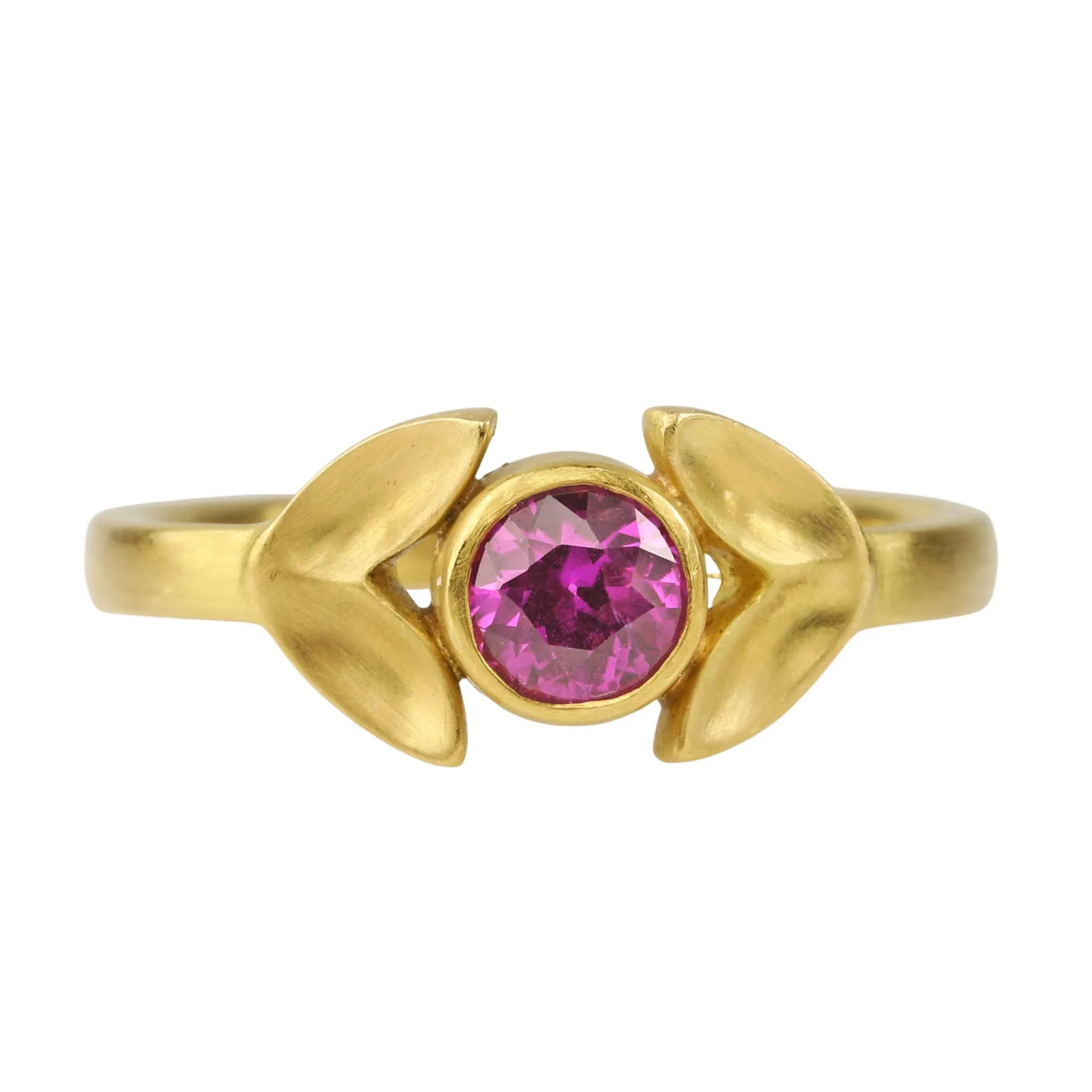 20K Gold Laurel Ring Bezel-Set Pink Sapphire Center