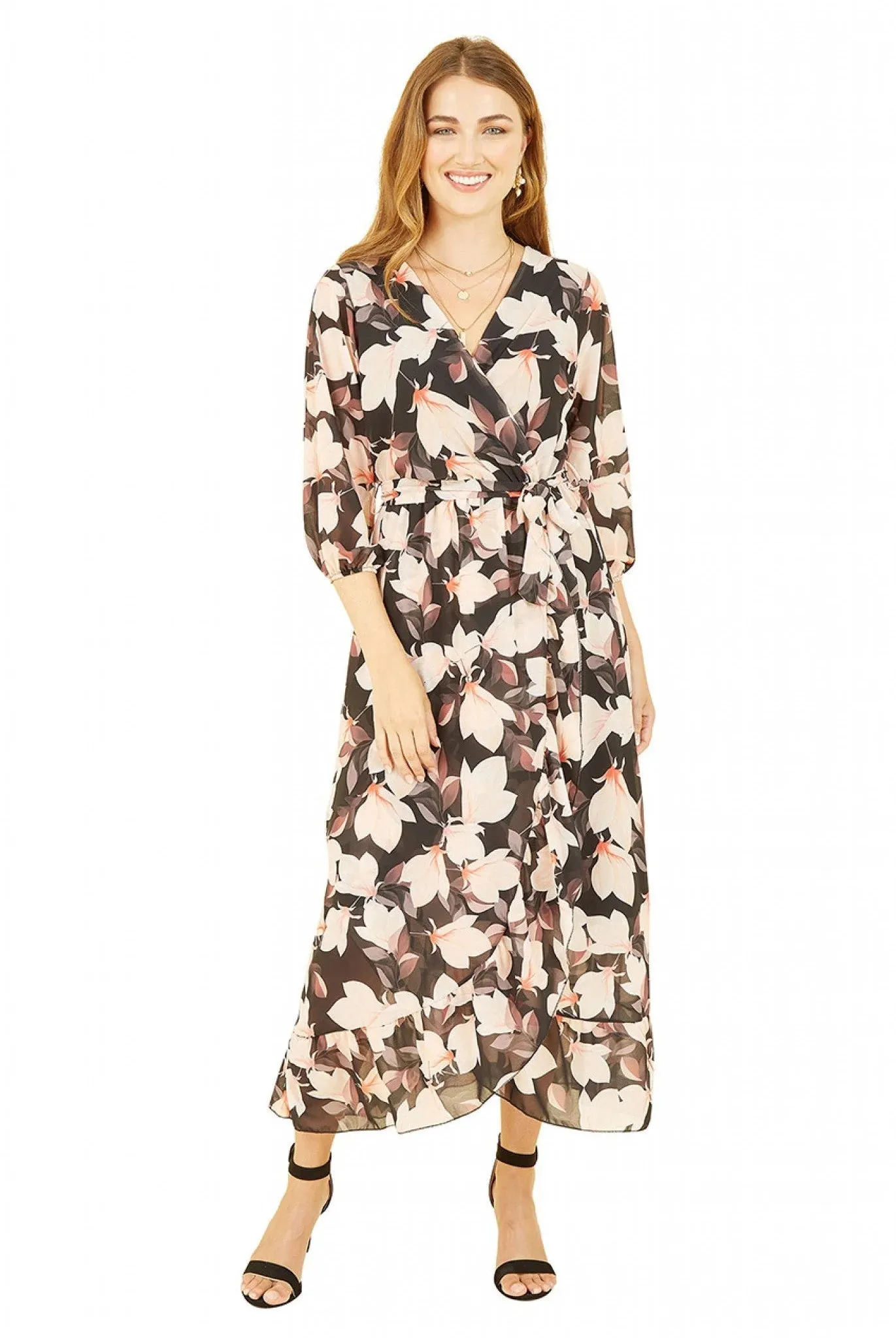 Yumi Black Blossom Wrap Midi Dress With 3/4 Sleeves