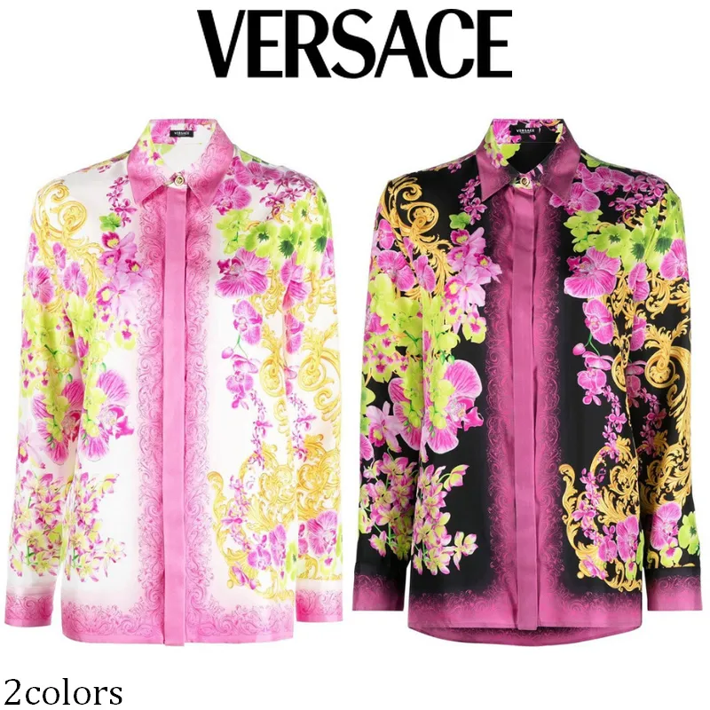 VERSACE Elegant Silk Long Sleeves with Flower Patterns