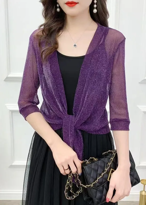 Loose Purple V Neck Silk Cardigans for Summer