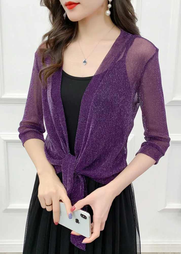 Loose Purple V Neck Silk Cardigans for Summer