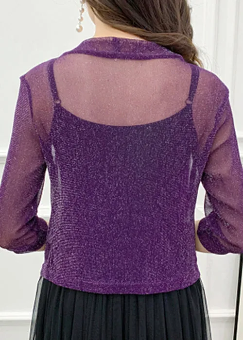 Loose Purple V Neck Silk Cardigans for Summer