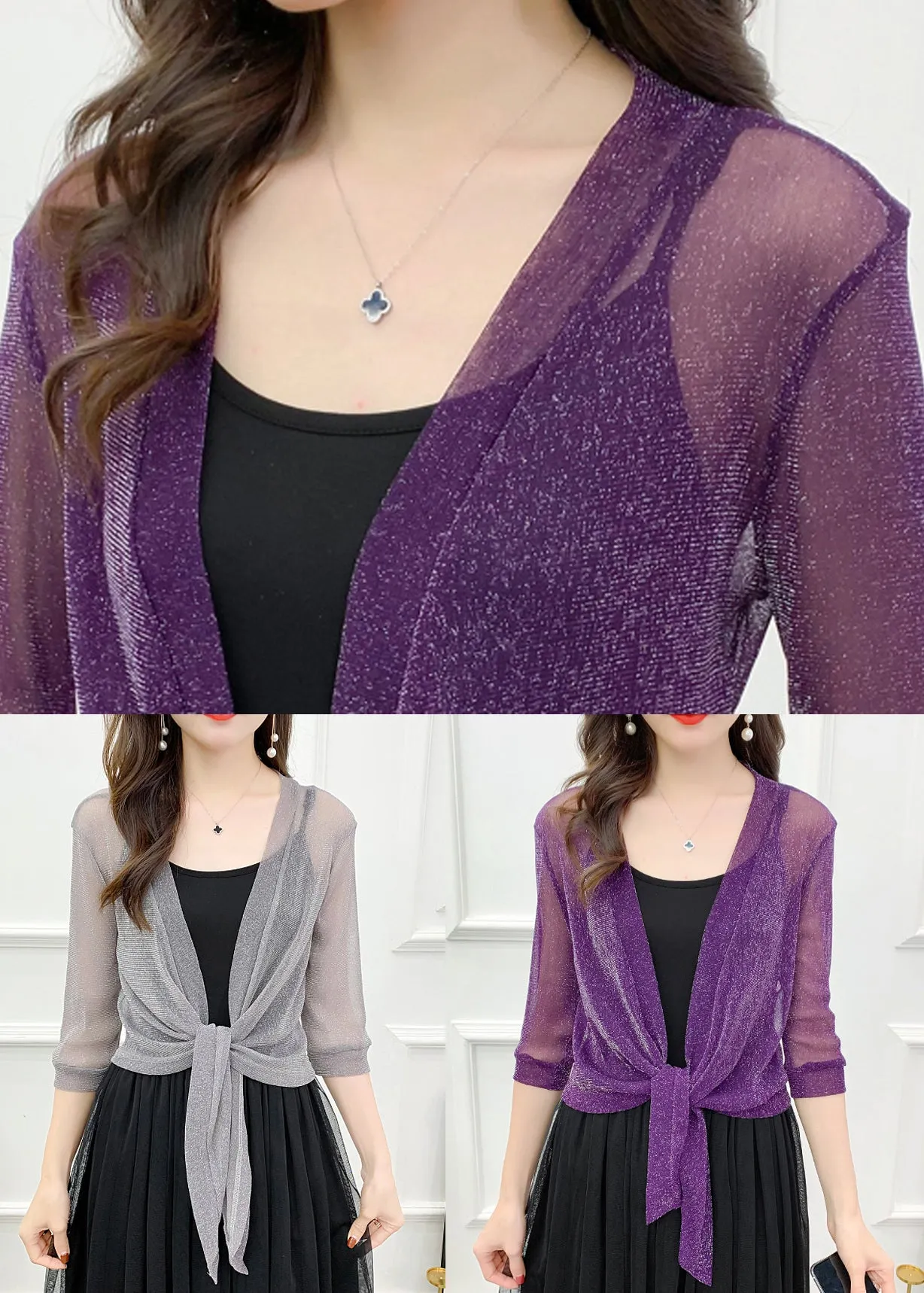 Loose Purple V Neck Silk Cardigans for Summer