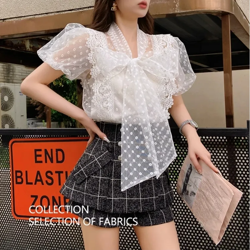 Chiffon Lace Puff Sleeves Blouse