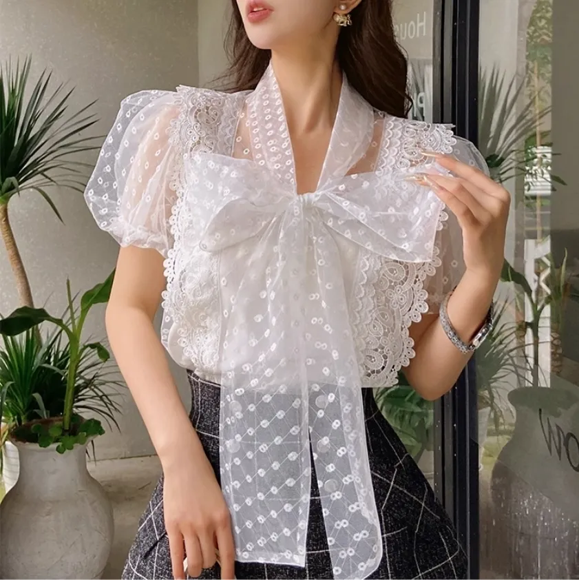 Chiffon Lace Puff Sleeves Blouse