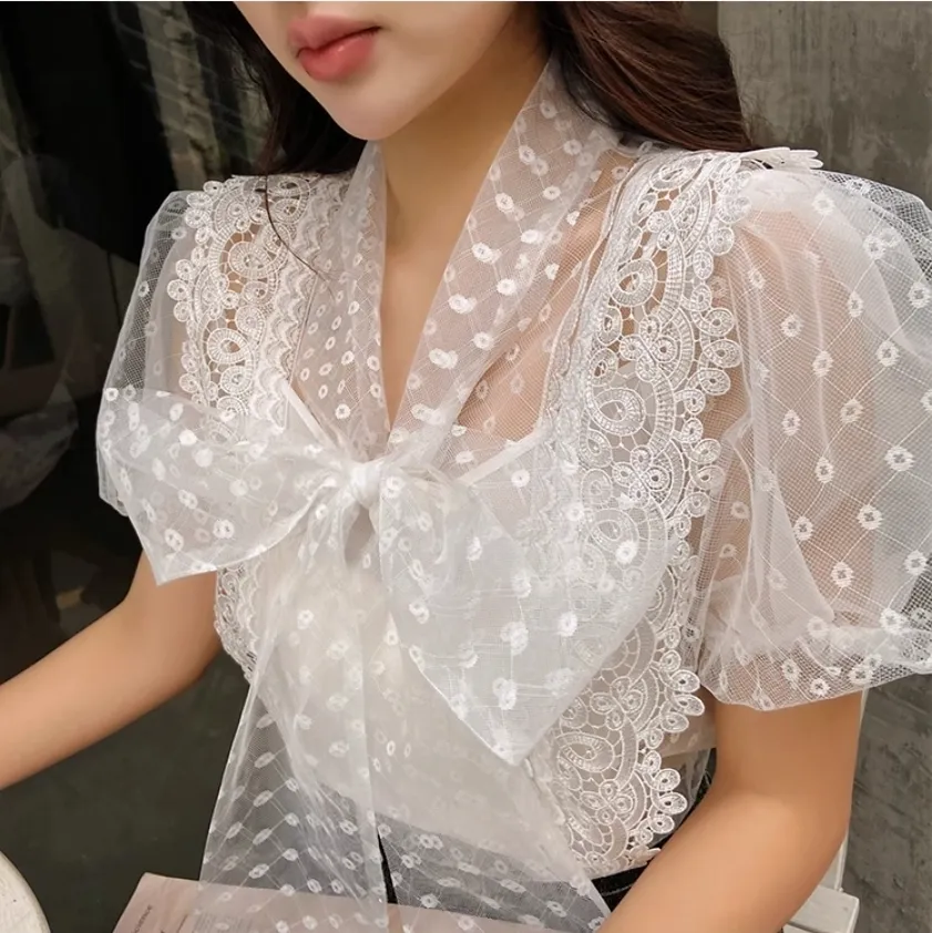 Chiffon Lace Puff Sleeves Blouse