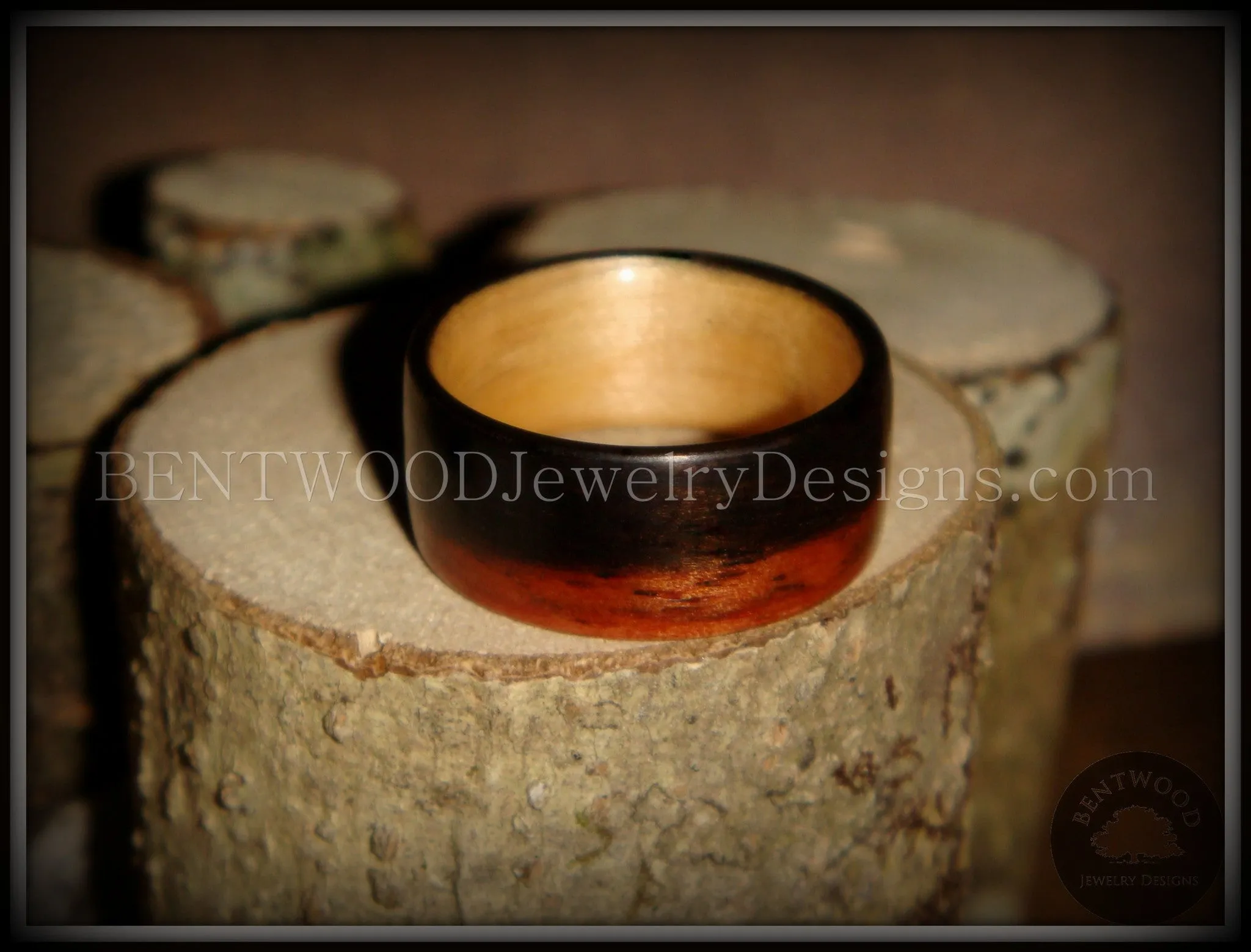 Macassar Ebony Wood Ring (Striped) with Maple Liner Bentwood Ring Using Bentwood Process