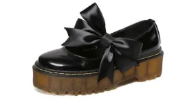 Black Patent Leather Satin Bow Platforms Flats Loafers Shoes