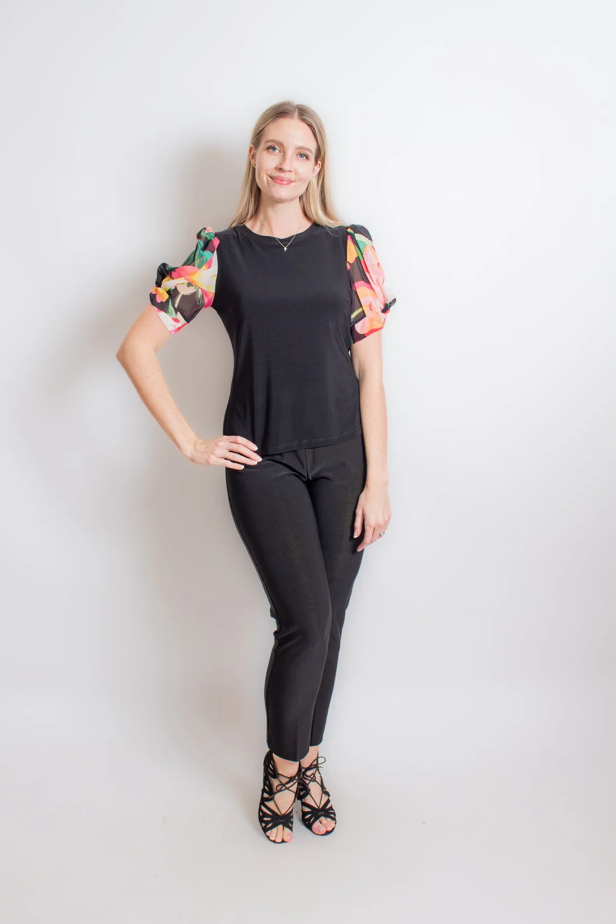 Black Top with Puff Sleeves featuring Floral design