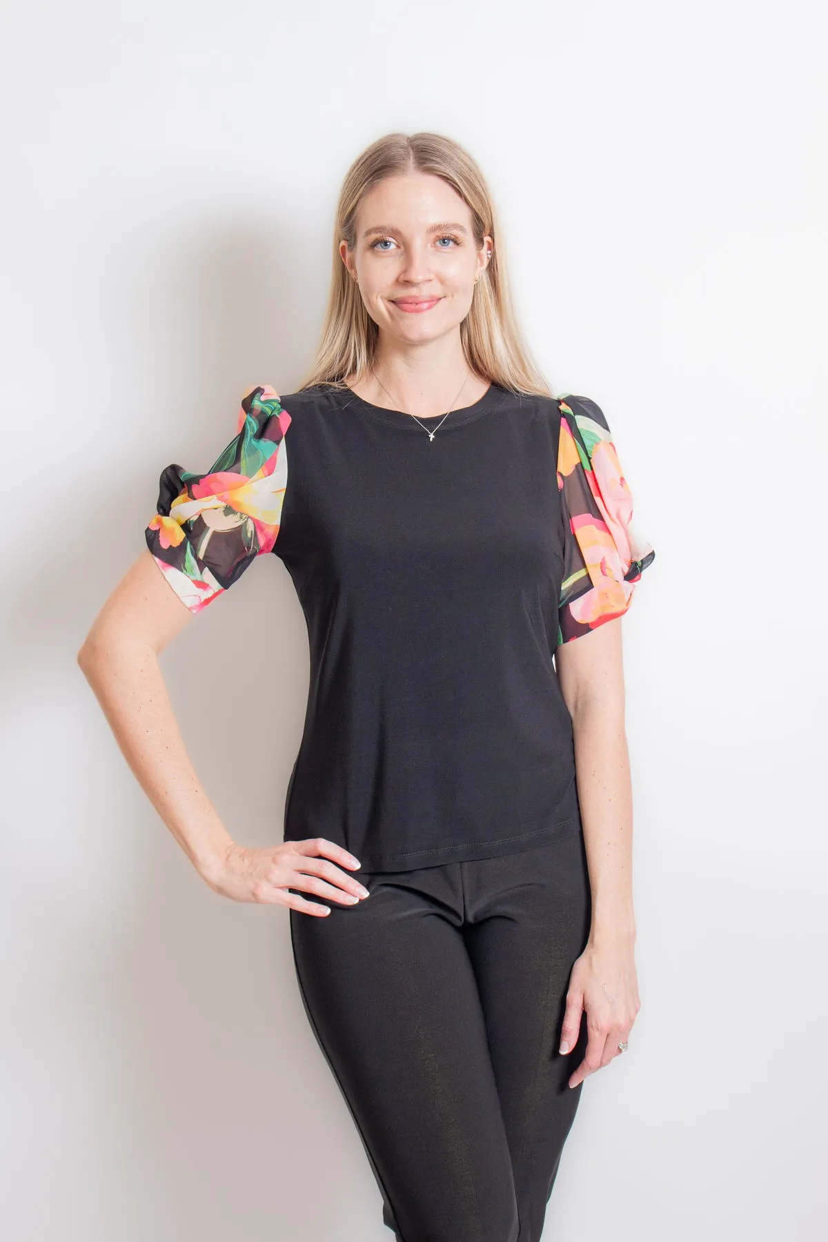 Black Top with Puff Sleeves featuring Floral design