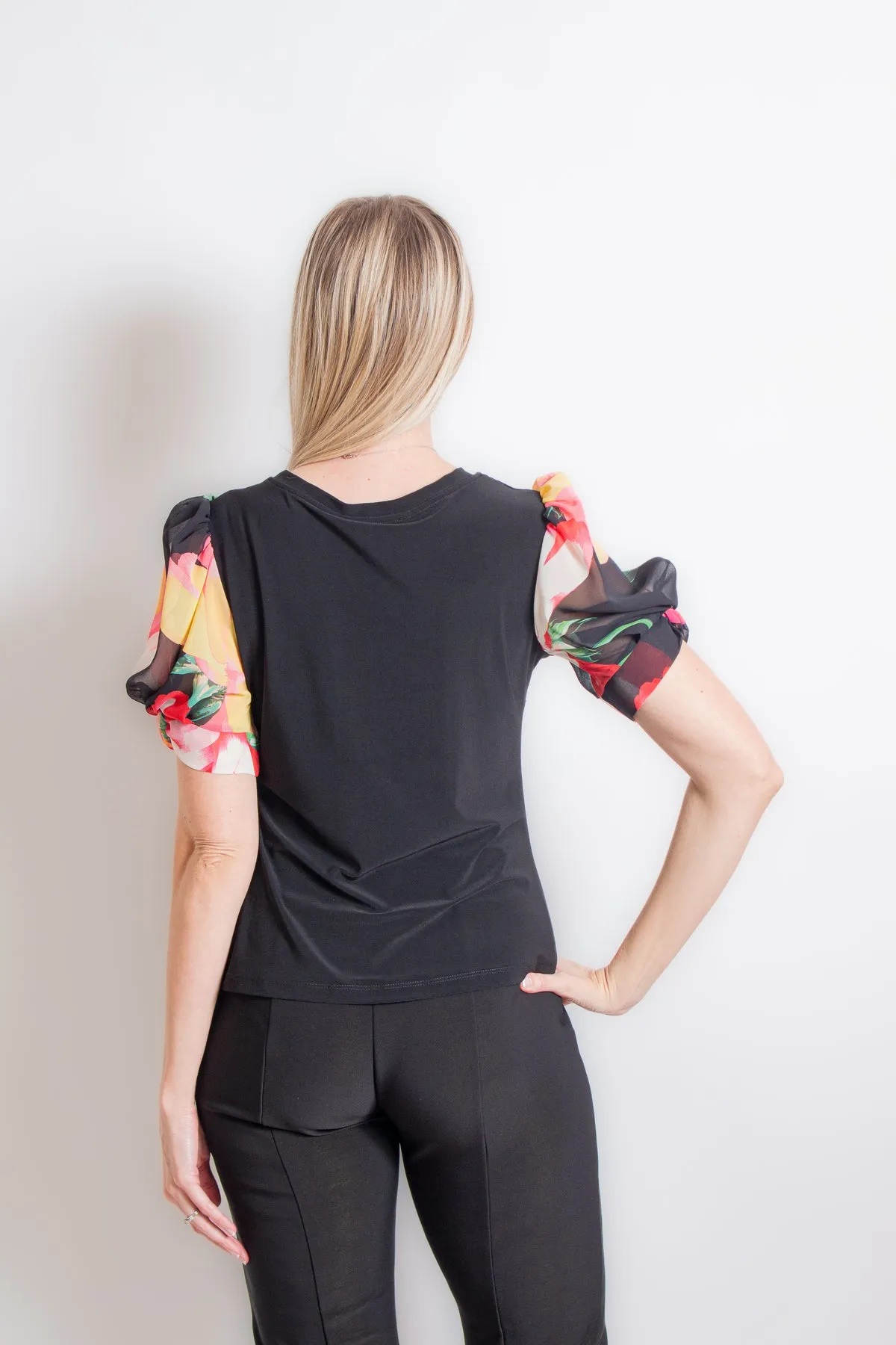 Black Top with Puff Sleeves featuring Floral design