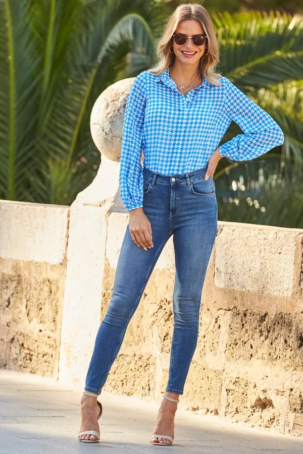Blue & White Dogtooth Print Shirt