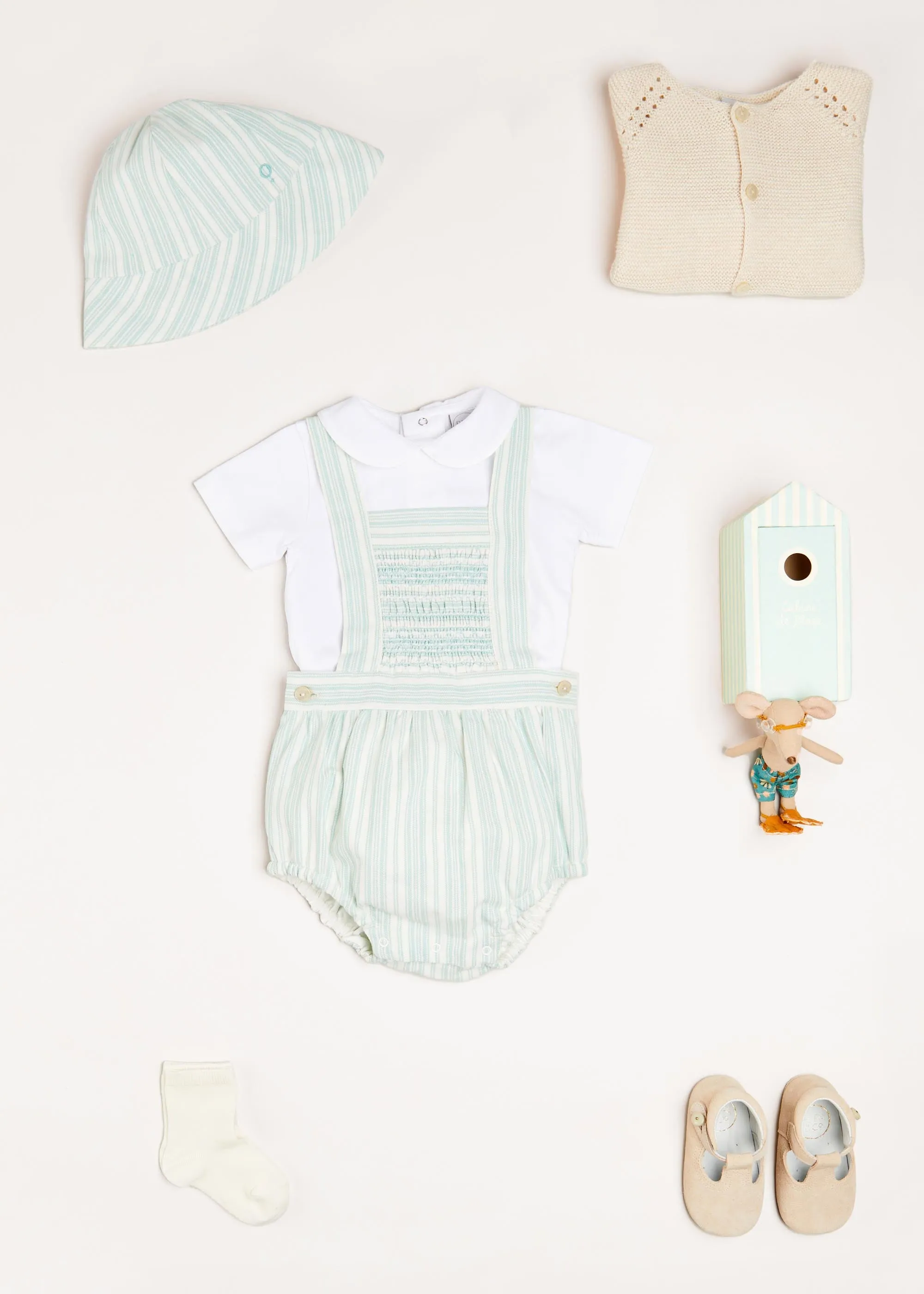 Green Striped Smocked Detail Dungaree Romper (3-18mths)