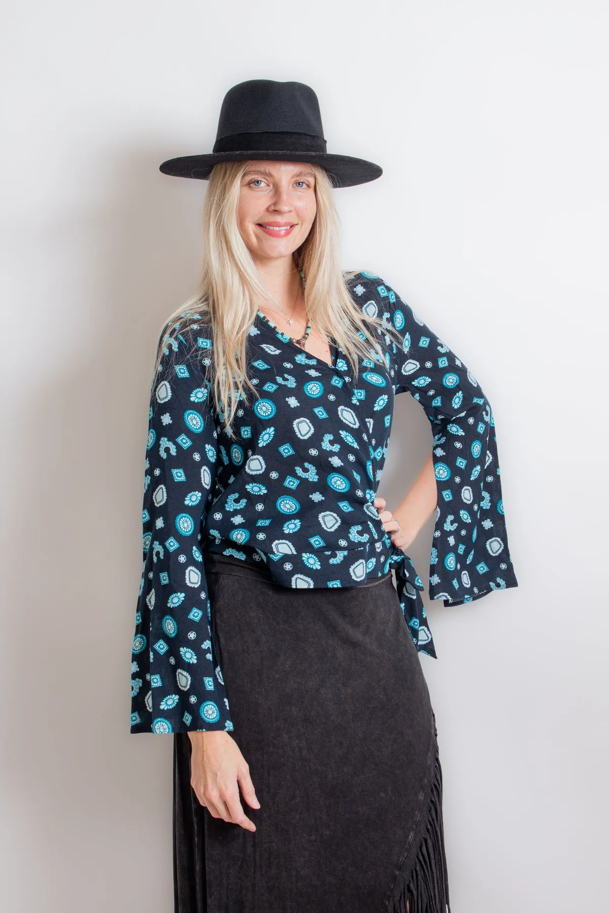 Blue Jewelry Print Wrap Top