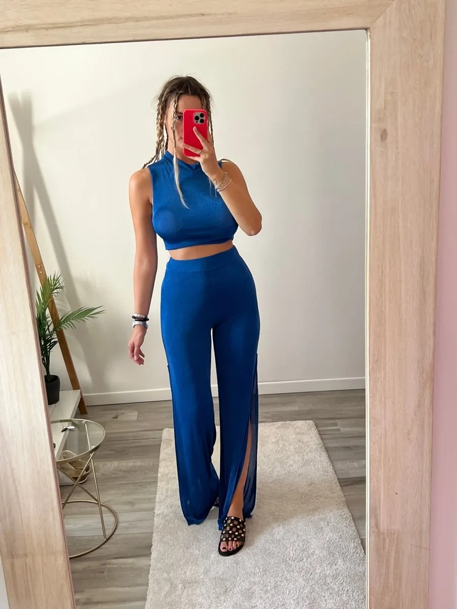 Blue Satin Pants with Split