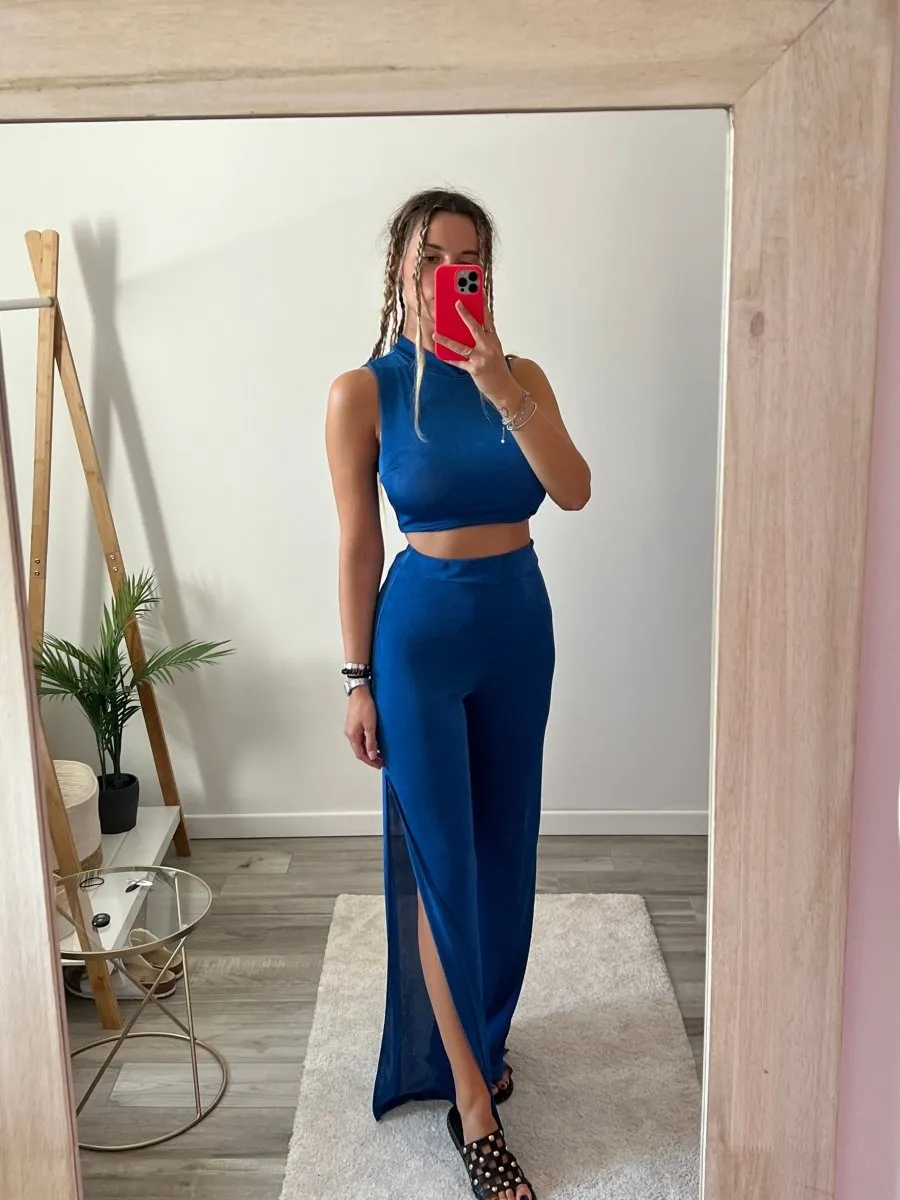 Blue Satin Pants with Split