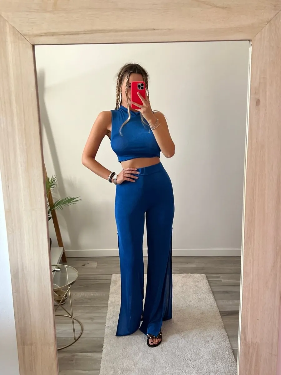 Blue Satin Pants with Split