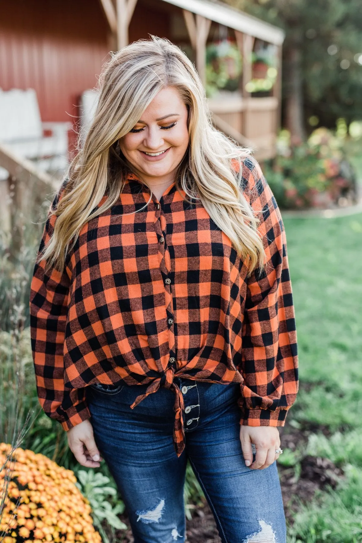 Plaid Front Tie Top in Burnt Orange