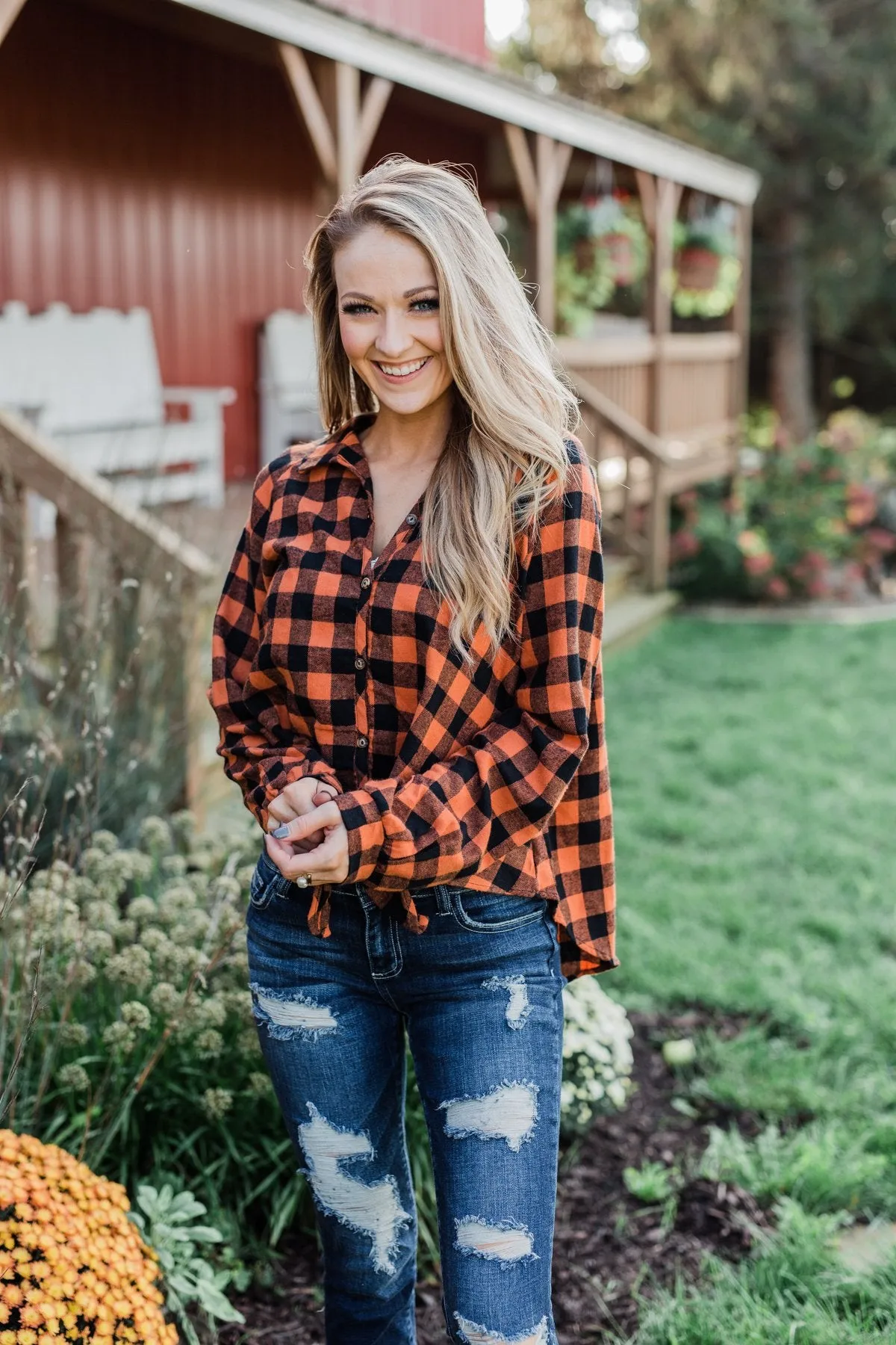 Plaid Front Tie Top in Burnt Orange