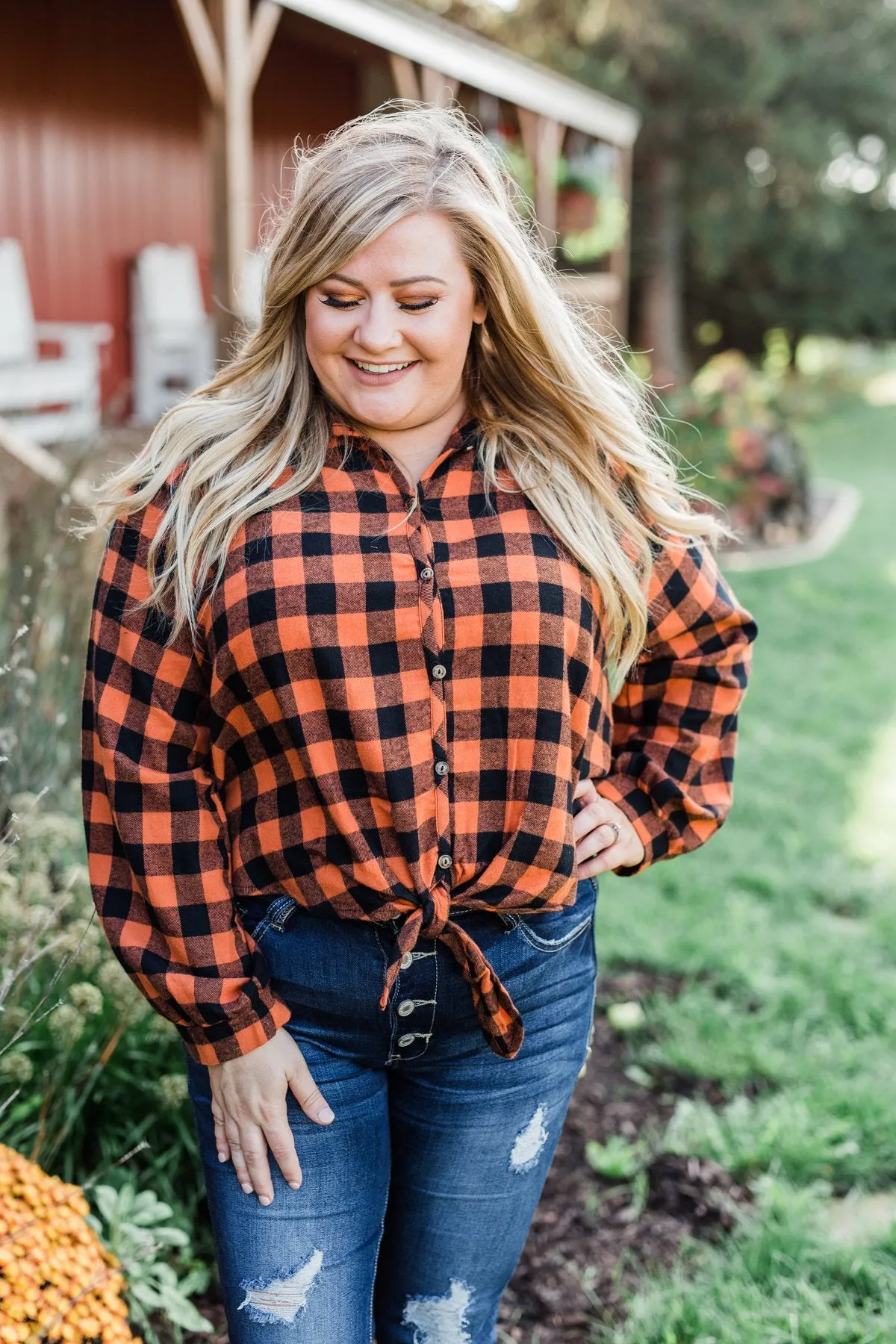 Plaid Front Tie Top in Burnt Orange