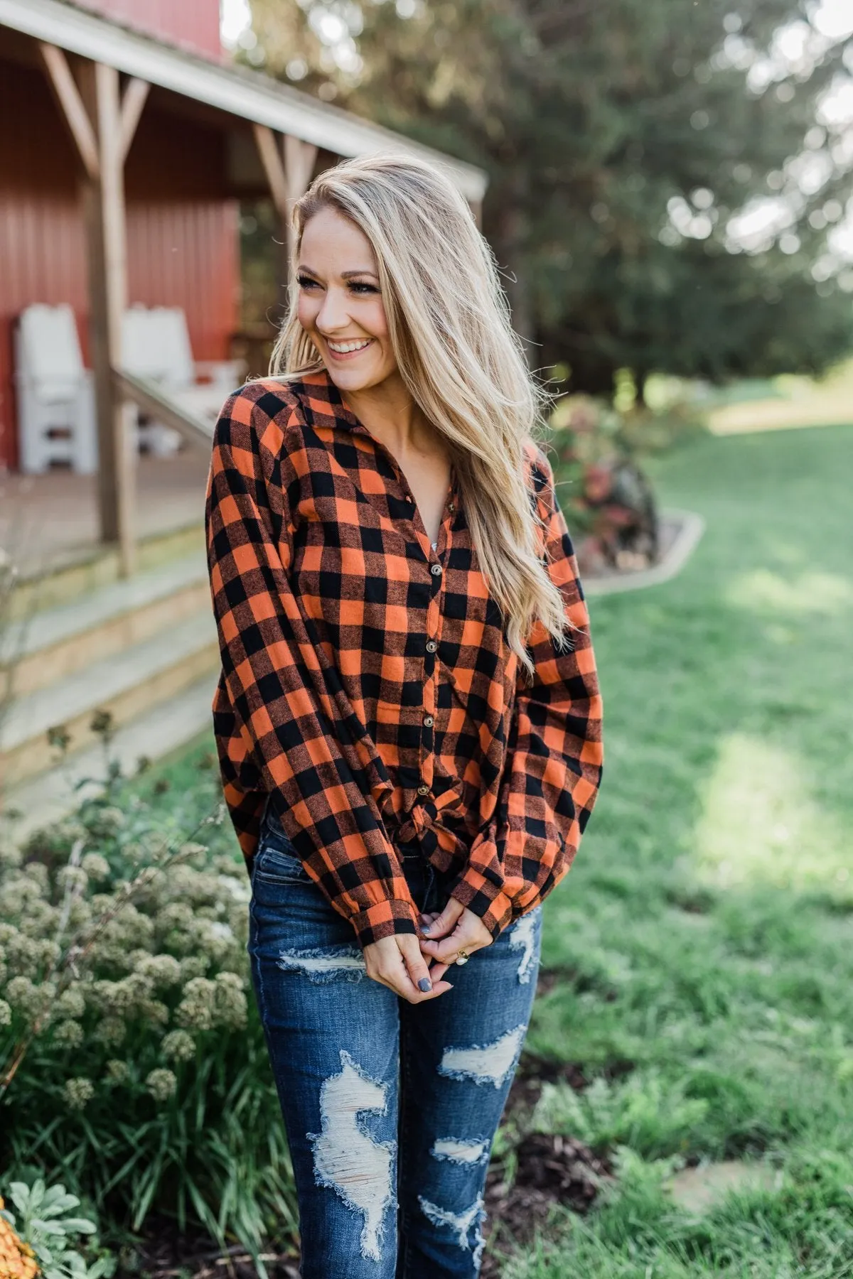 Plaid Front Tie Top in Burnt Orange