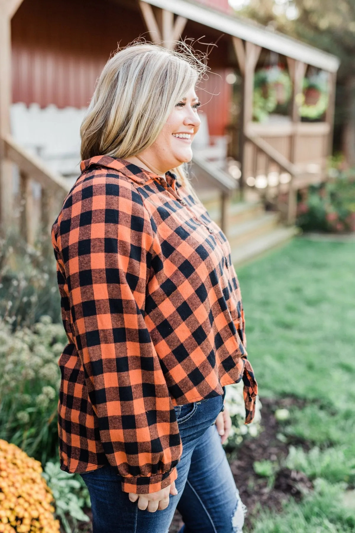 Plaid Front Tie Top in Burnt Orange