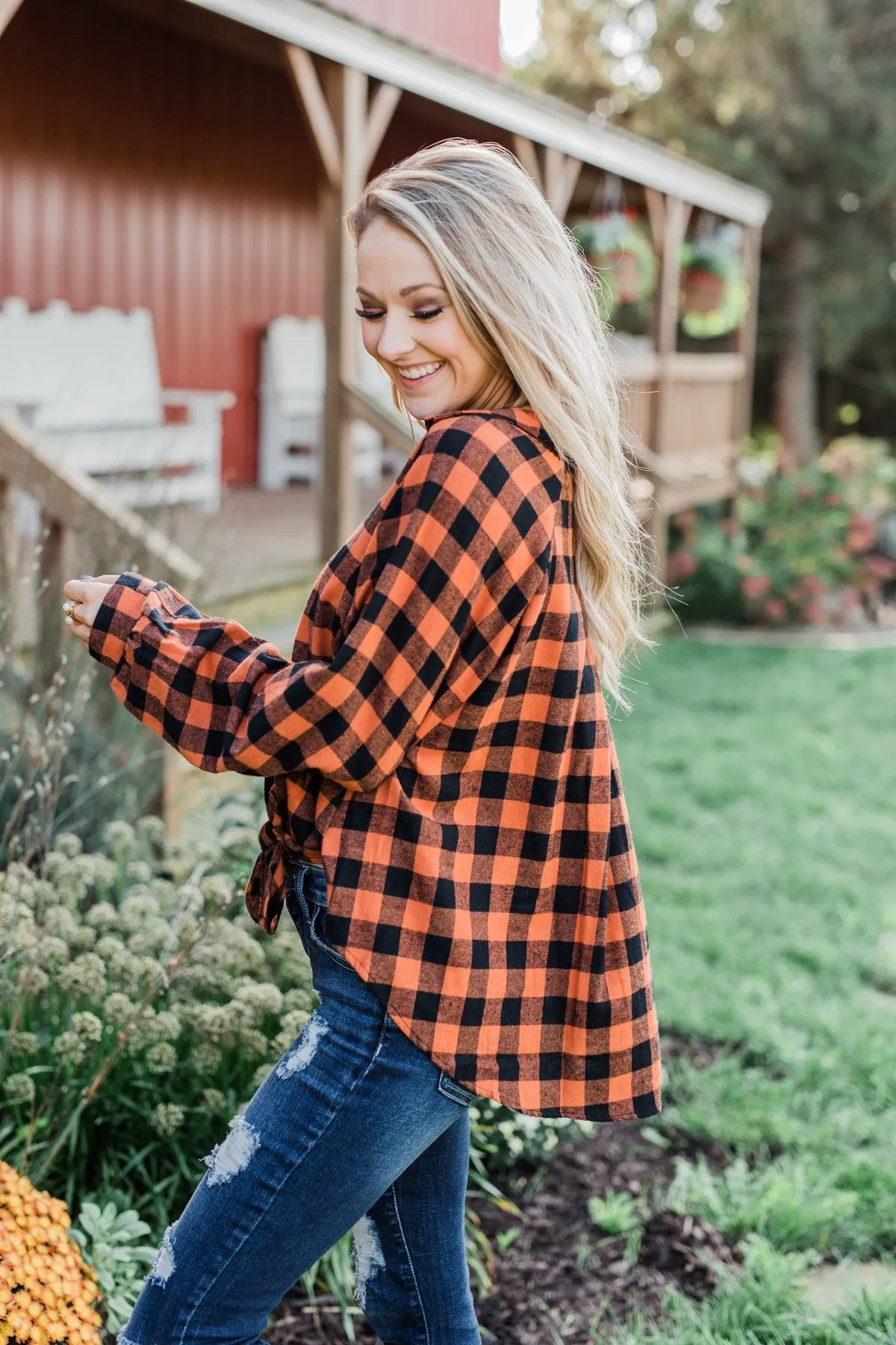 Plaid Front Tie Top in Burnt Orange