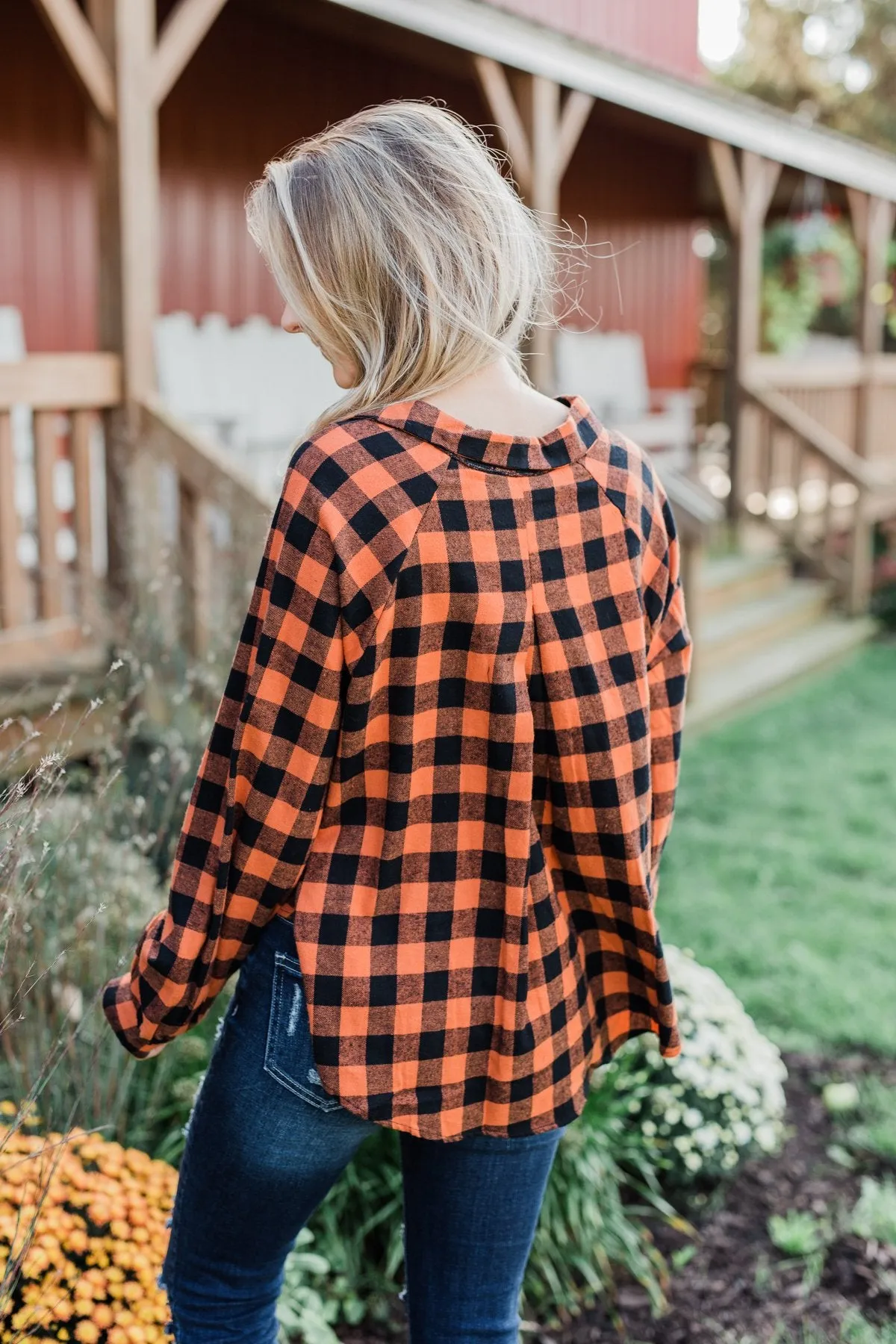 Plaid Front Tie Top in Burnt Orange