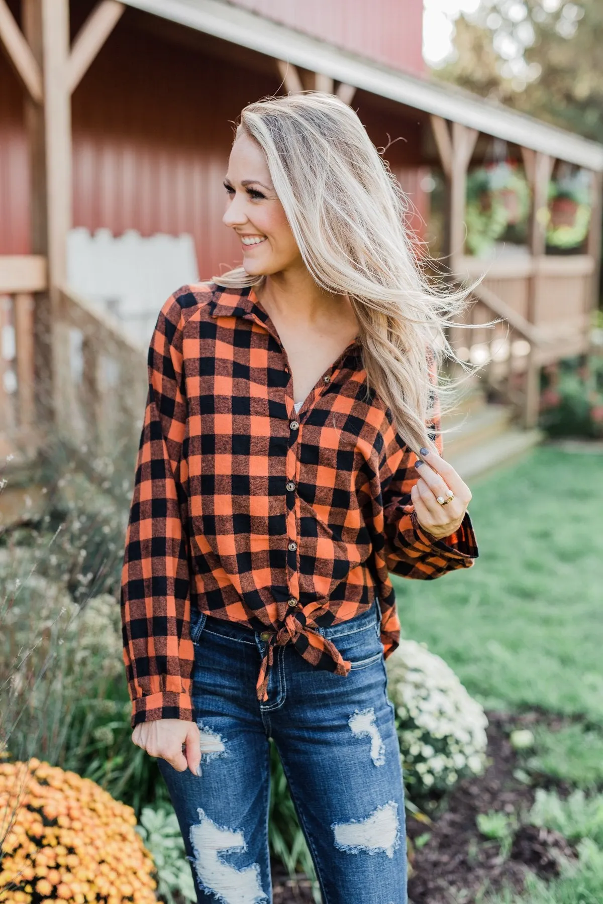 Plaid Front Tie Top in Burnt Orange