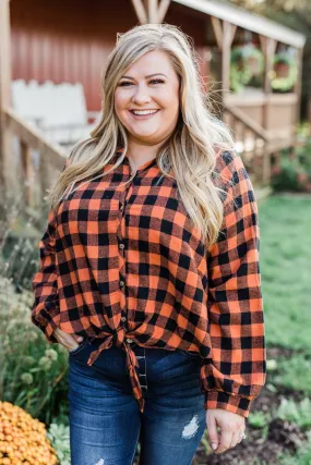 Plaid Front Tie Top in Burnt Orange