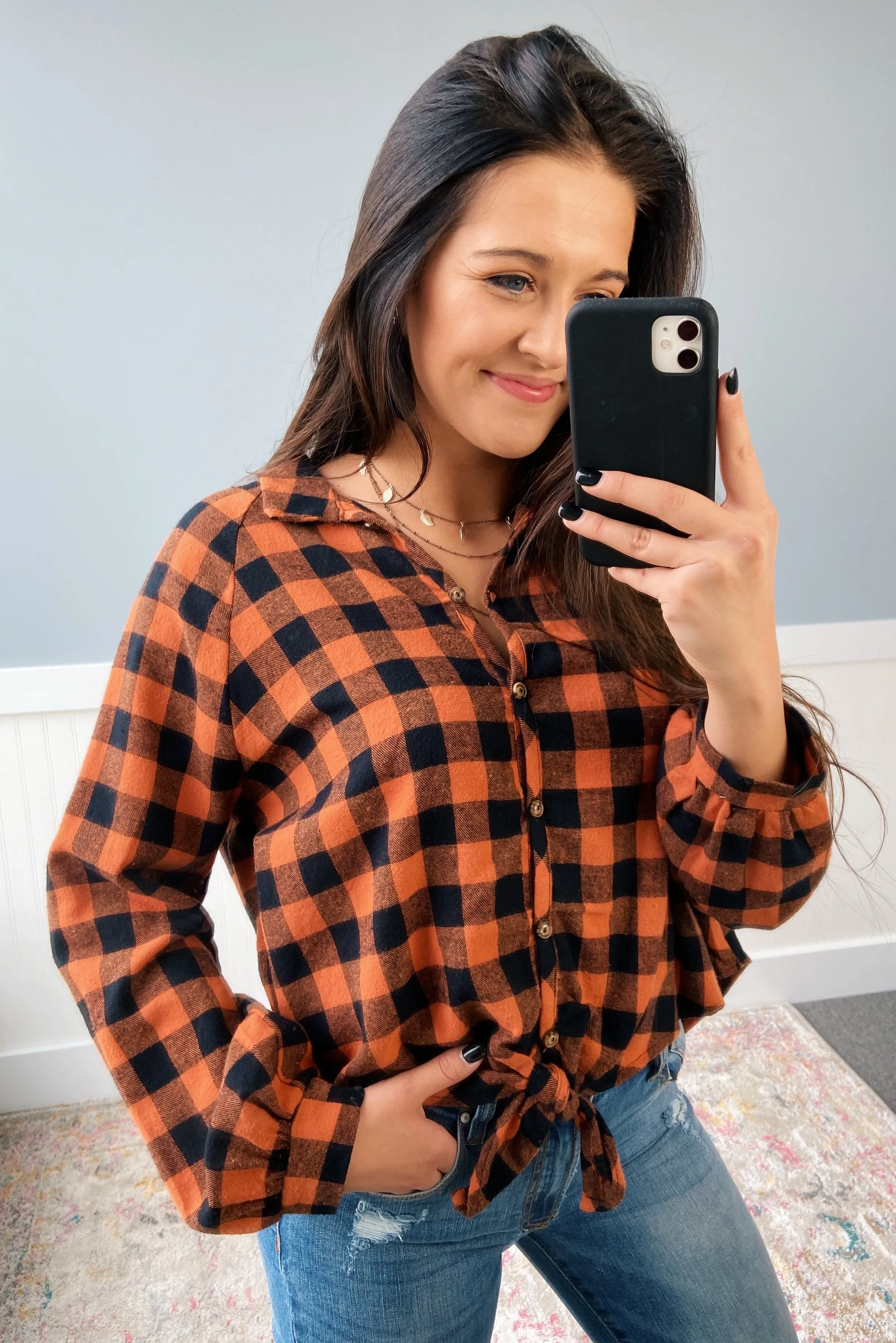 Plaid Front Tie Top in Burnt Orange