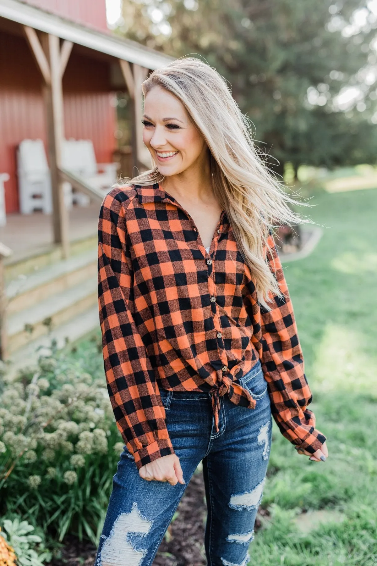 Plaid Front Tie Top in Burnt Orange