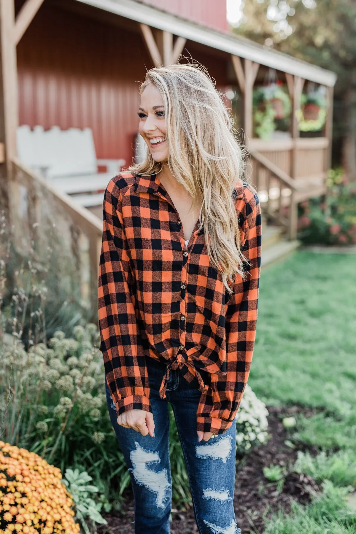 Plaid Front Tie Top in Burnt Orange