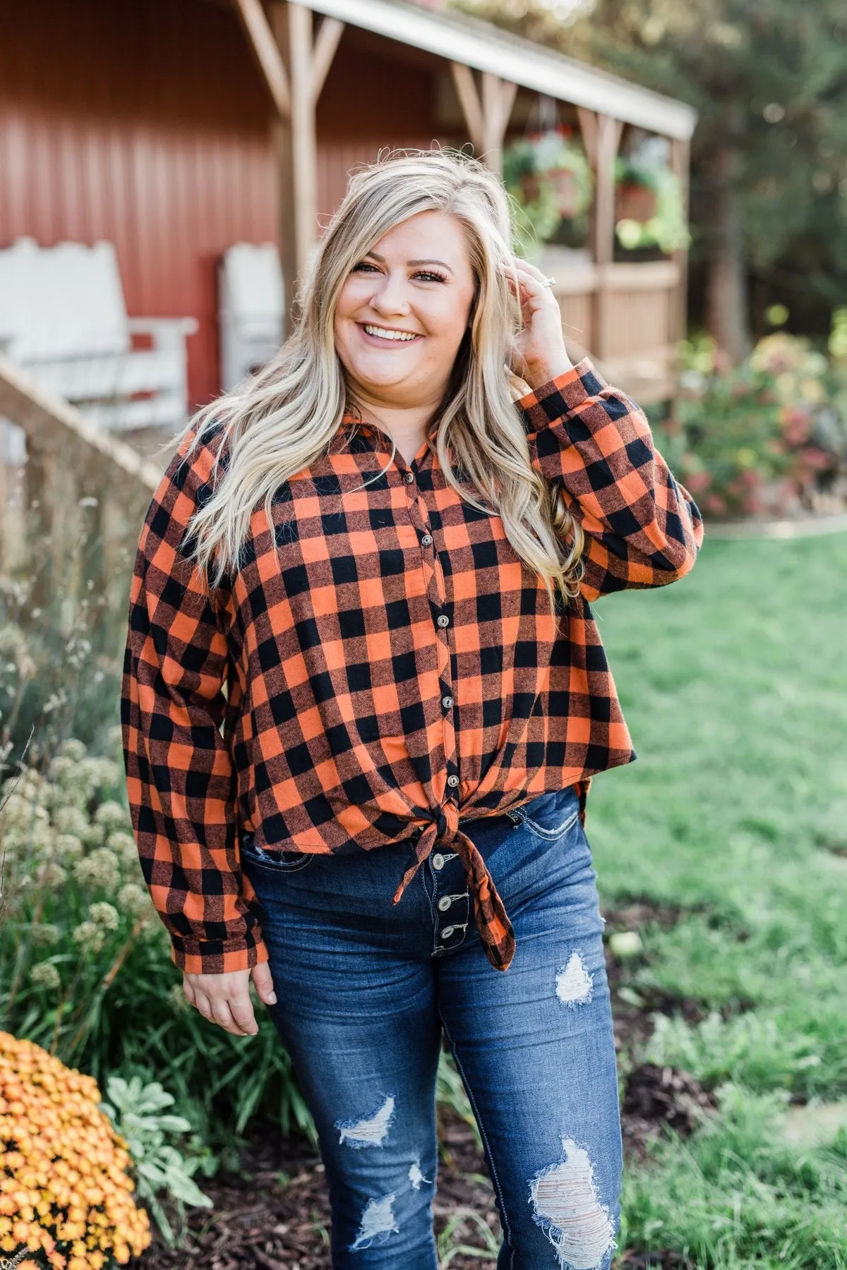 Plaid Front Tie Top in Burnt Orange