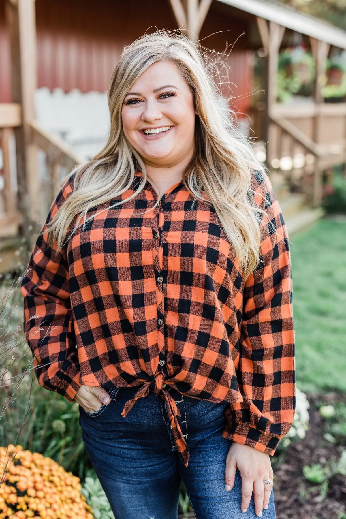 Plaid Front Tie Top in Burnt Orange