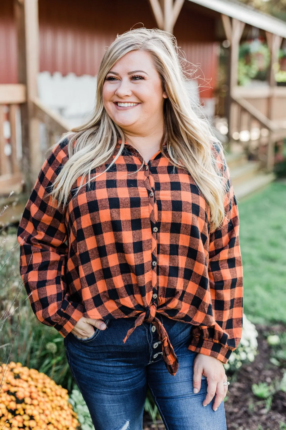 Plaid Front Tie Top in Burnt Orange