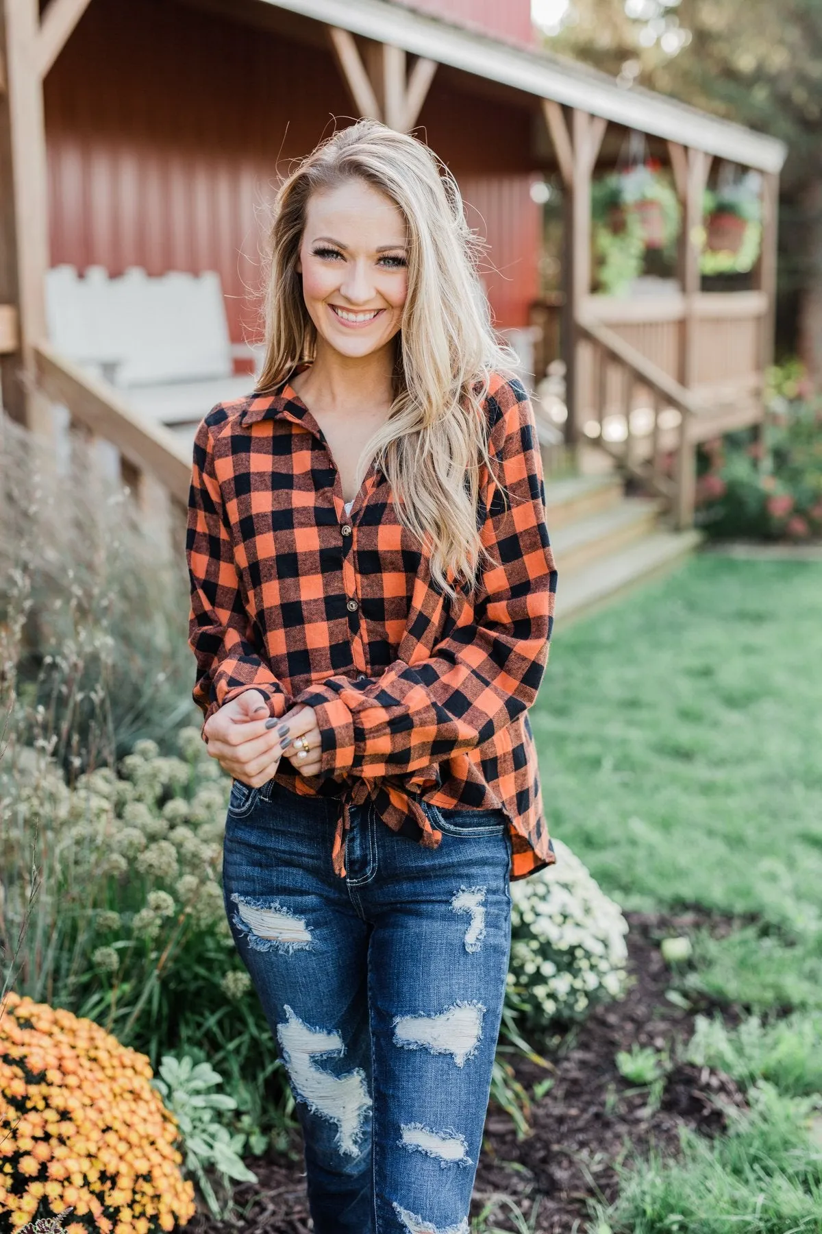 Plaid Front Tie Top in Burnt Orange