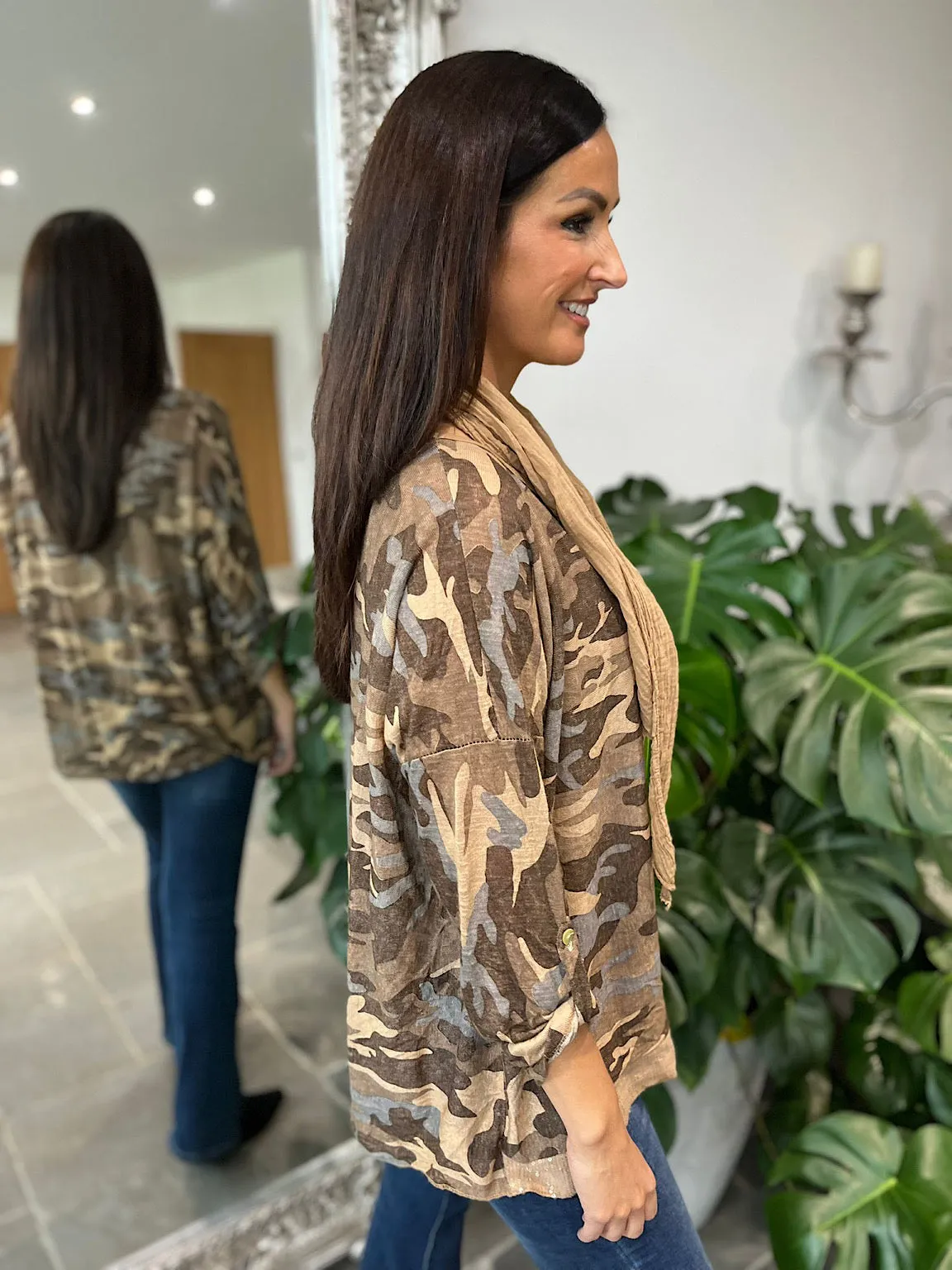 Camel Sequin Camo Linen Blend Top Kelsey