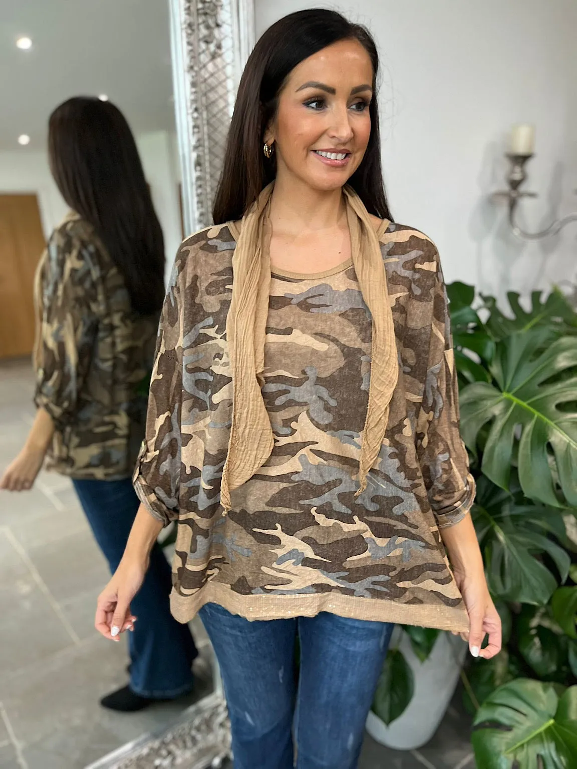 Camel Sequin Camo Linen Blend Top Kelsey